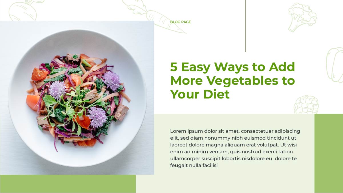 Blog hero banner with salad photo and the headline “5 Easy Ways to Add More Vegetables to Your Diet” — clean content-writing layout.