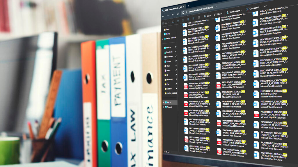 Physical binders next to a crowded file explorer, visualising what content management solves.