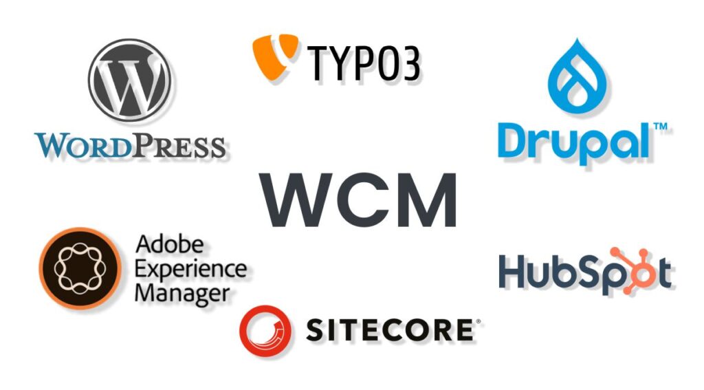 Logos of popular web content management programs – WordPress, Drupal, HubSpot, Sitecore, TYPO3