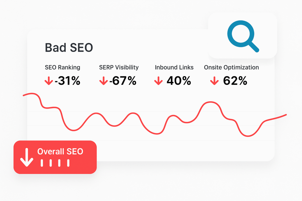 Infographic showing negative SEO metrics with red downward arrows, illustrating how poor content editing affects ranking, visibility, links, and onsite optimization.