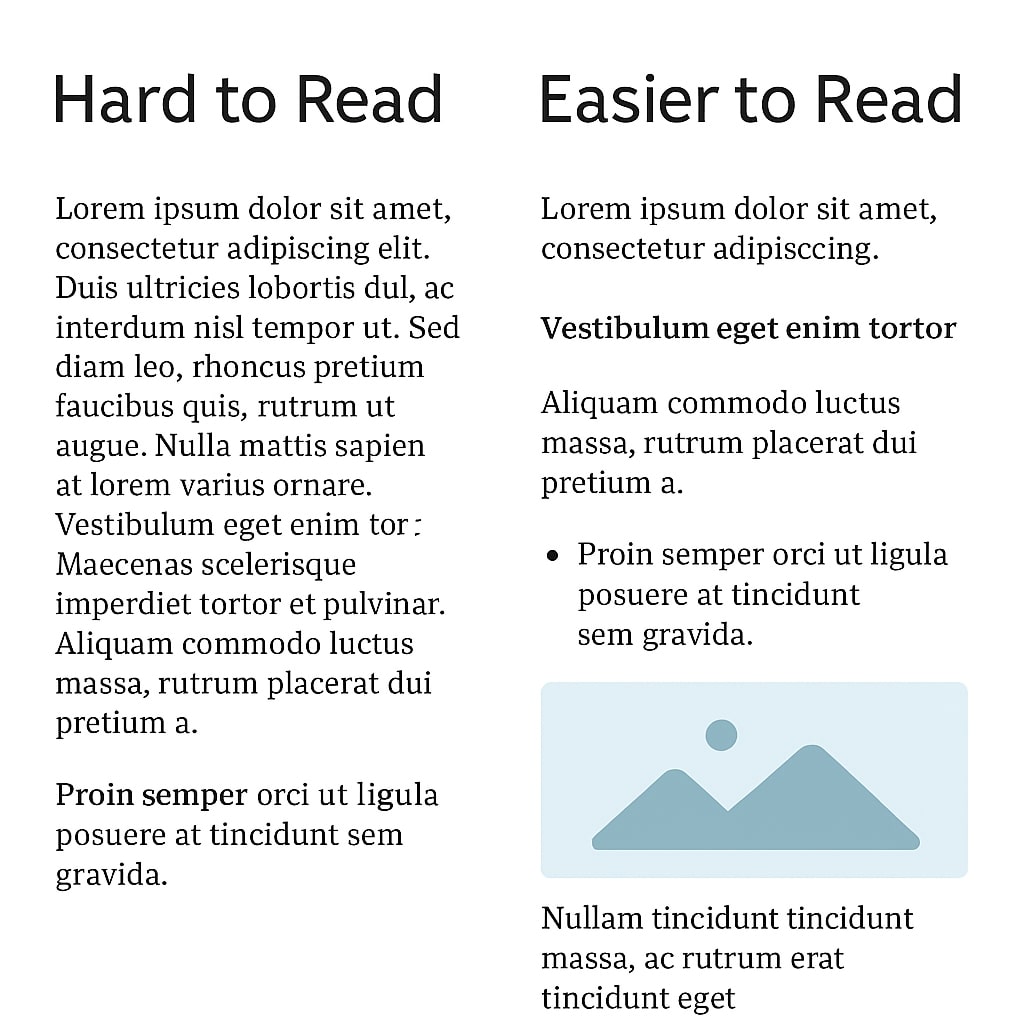 Side-by-side visual comparing hard-to-read and easy-to-read content editing examples, including text layout, spacing, bullets, and image use.
