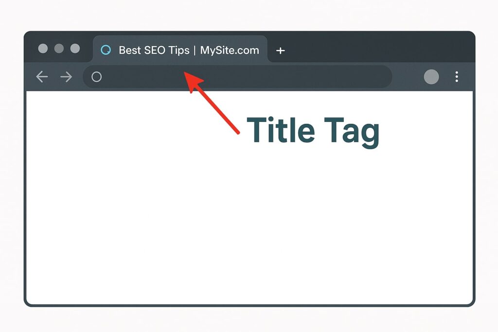Browser tab displaying the title tag ‘Best SEO Tips | MySite.com’ highlighted with a red arrow.