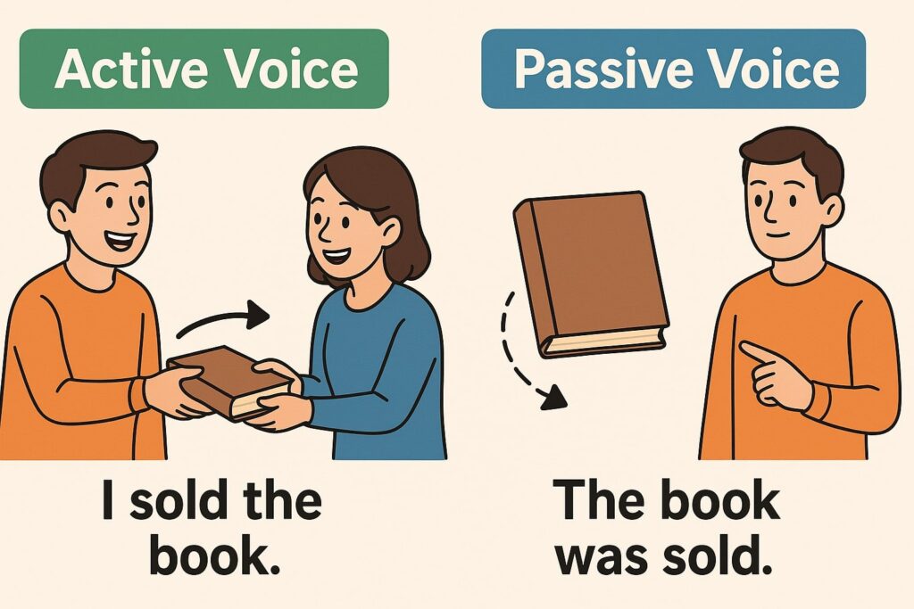 Infographic illustrating active versus passive voice with examples as one of effective headline writing techniques.