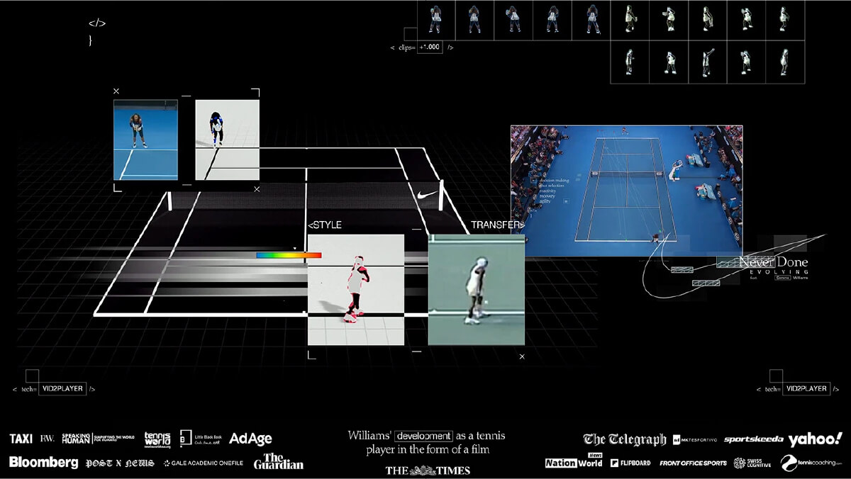 Nike 50th-anniversary campaign with an AI-generated Serena Williams match—example of AI in graphic design.