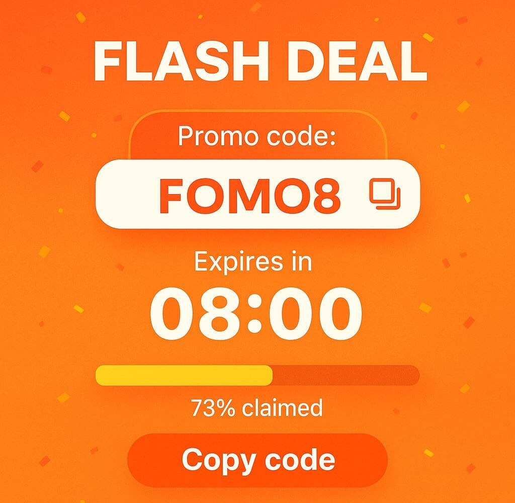 FOMO flash deal with promo code, countdown timer, and Copy code CTA.