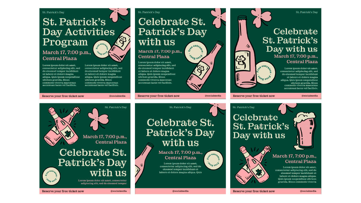 Graphic design trends 2025: retro serif typography on St. Patrick’s Day event posts with vintage bottle illustrations.