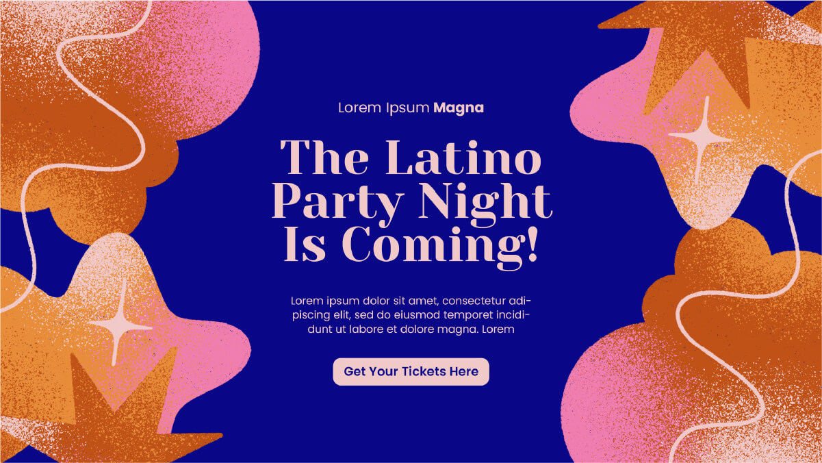 Graphic design trends 2025: textured grain poster style with abstract shapes and bold serif headline for a Latino party event.