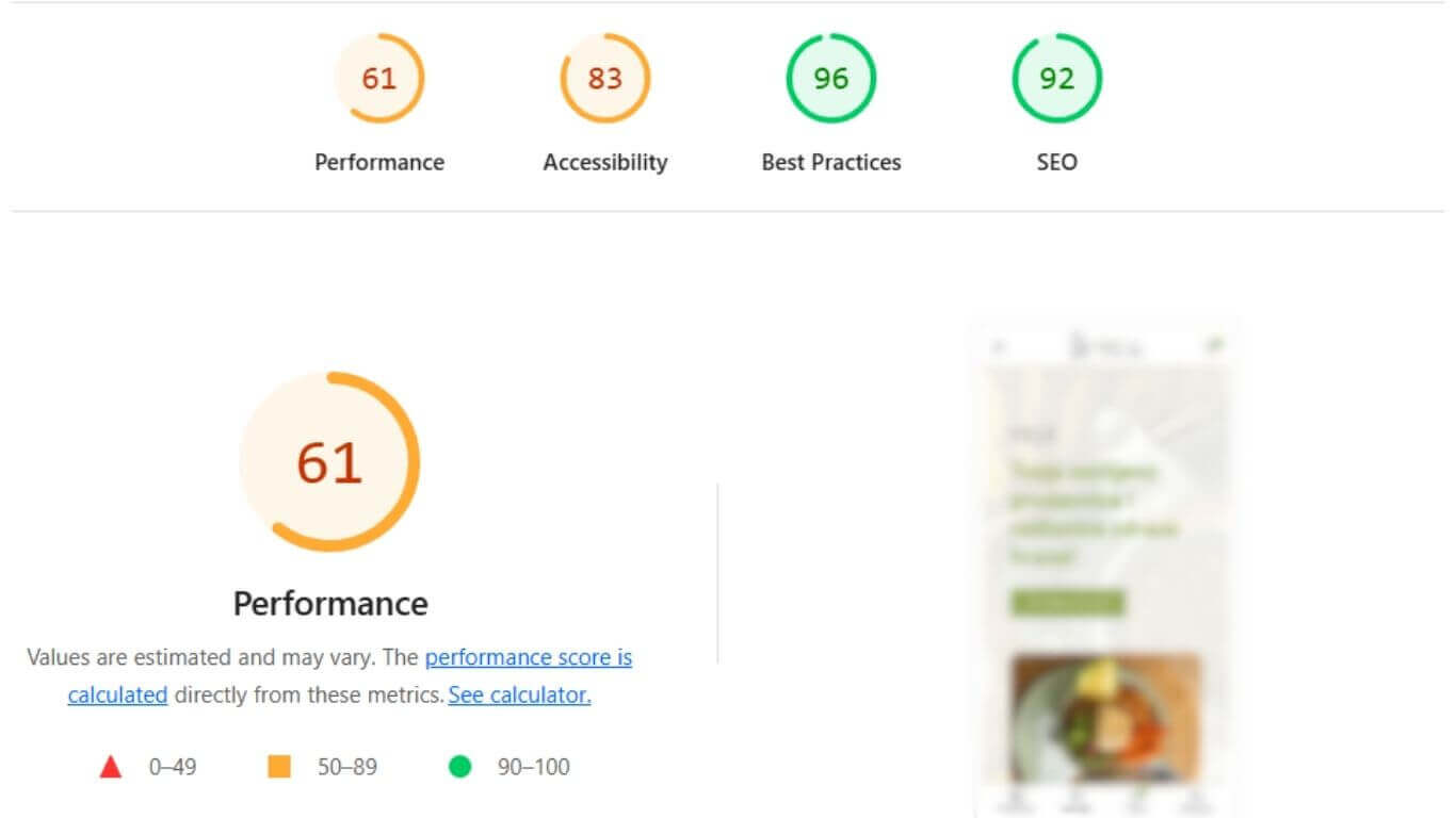 Lighthouse audit screenshot with Performance 61, SEO 92.