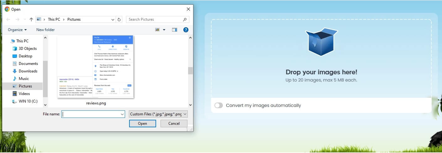 Screenshot showing image upload to compression tool — how to choose images for social media posts that load fast.