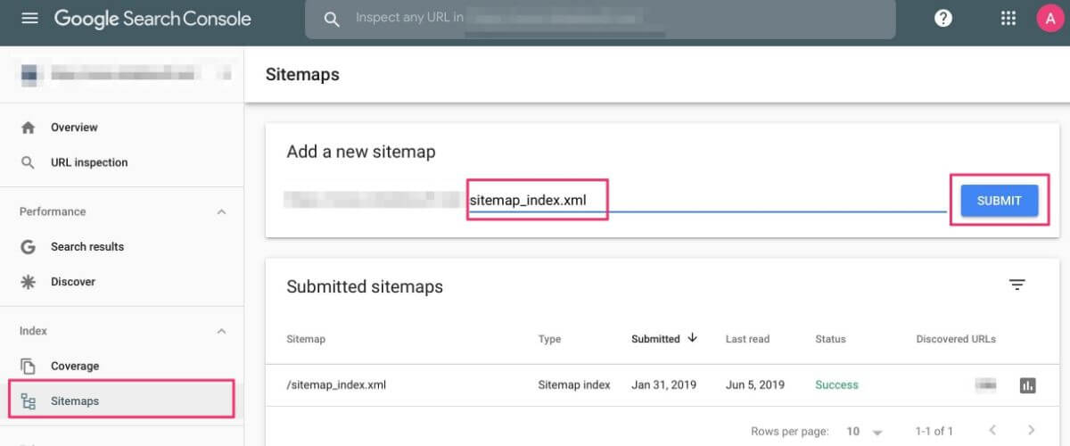 Google Search Console showing sitemap submission with sitemap_index.xml successfully added.