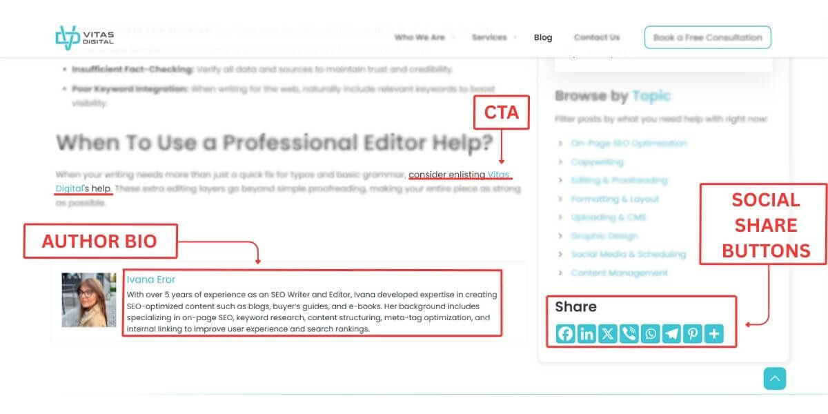 Screenshot showing blog post layout with CTA, author bio, and social share buttons used to demonstrate how to optimize a blog post for SEO.
