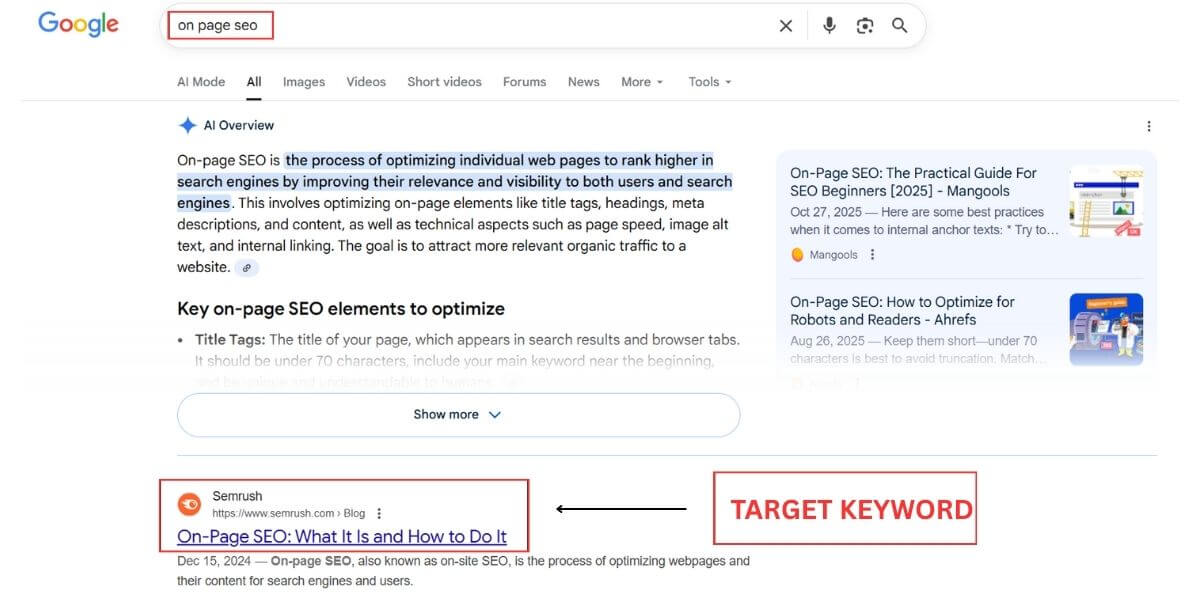 Google SERP example highlighting the target keyword and showing how to optimize blog posts for SEO through clear, keyword-focused titles.