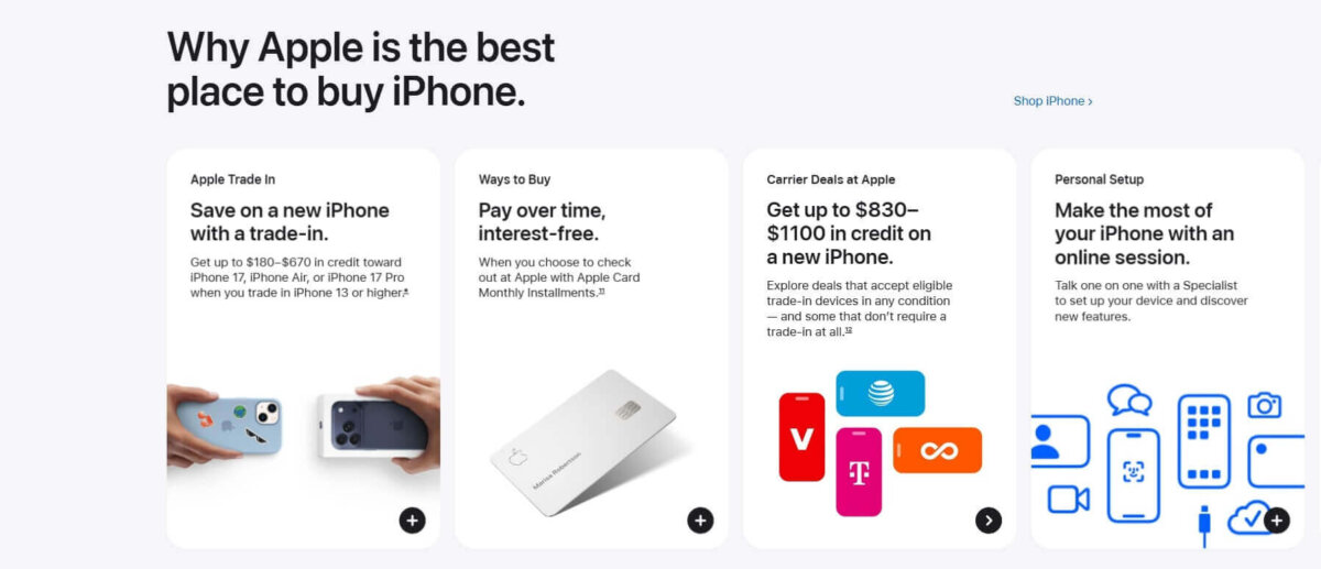 Apple product layout showcasing how white space in graphic design improves clarity, highlighting iPhone trade-in, payment options, carrier deals, and setup services.