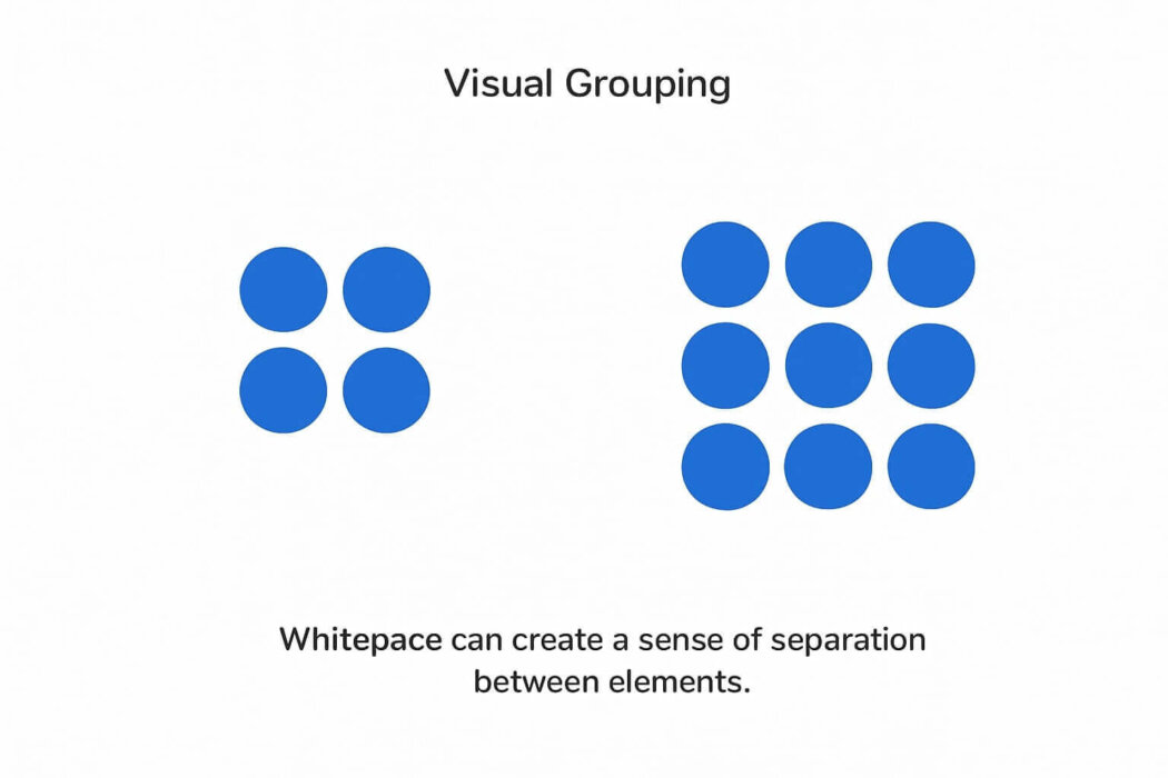 Illustration showing how white space in graphic design affects visual grouping, with spaced and tightly grouped blue circles.