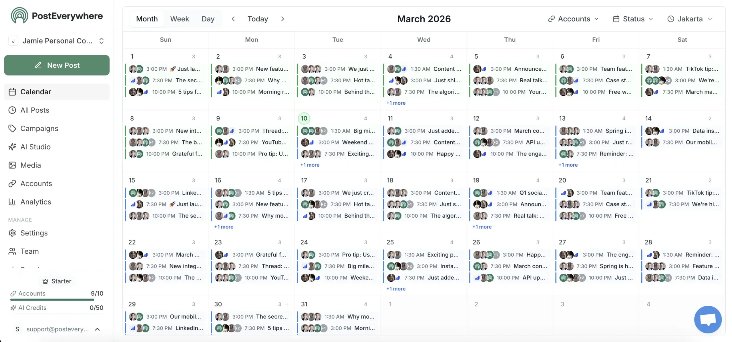 Social media scheduling tool monthly calendar with March 2026 content plan and automated post scheduling.