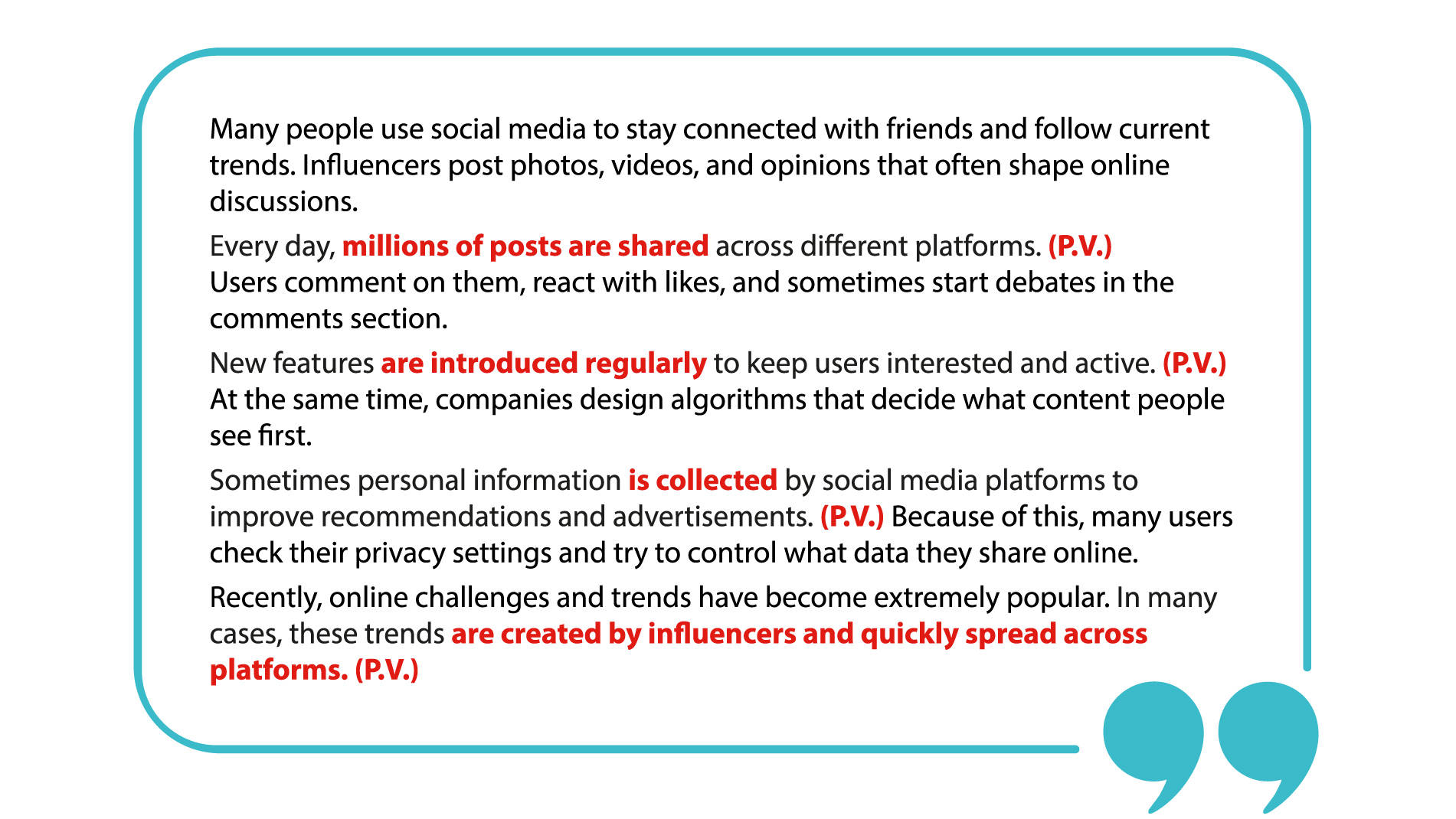 Writing mistakes example highlighting passive voice sentences in social media text with marked corrections.