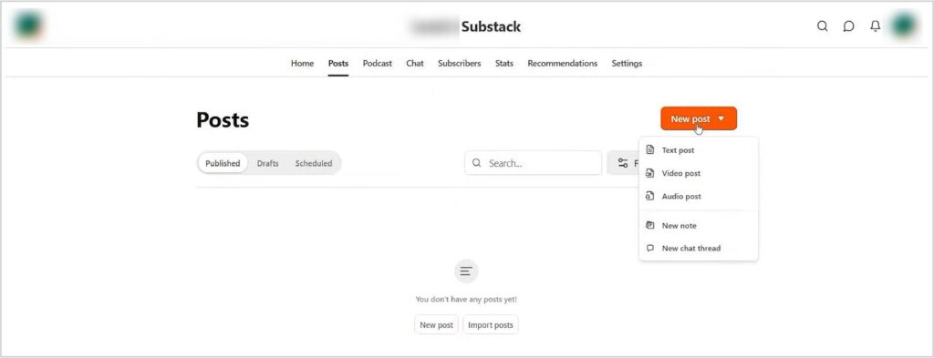 Substack post dashboard combining newsletter publishing and blogging features.