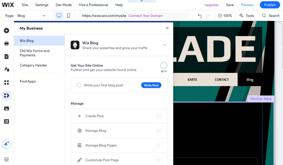 Wix interface showing drag-and-drop blog setup for beginner bloggers.