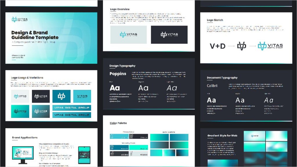 Brand identity guidelines including logo, typography, and color palette