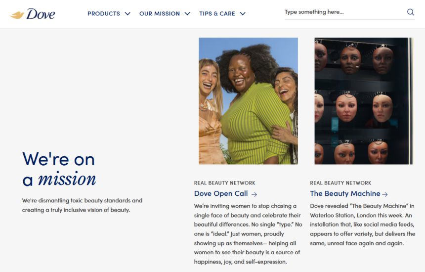 How to create a social media brand voice example showing Dove’s caring and inclusive brand messaging across its website content.