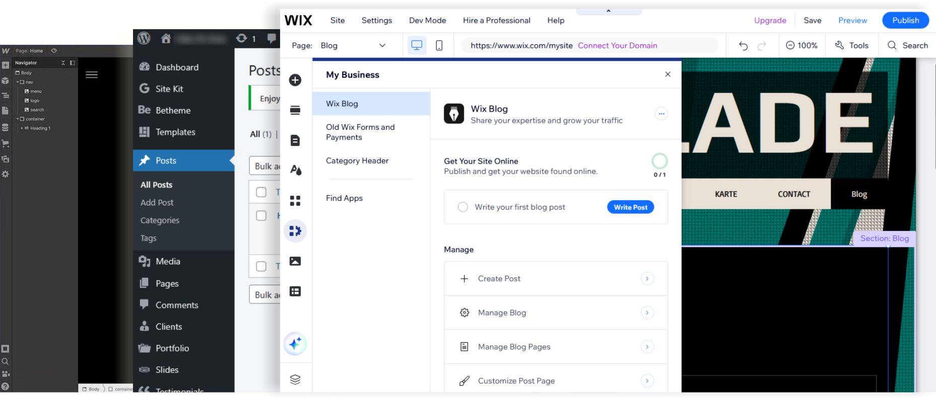 Content Publishing workflow inside WordPress, Webflow, and Wix CMS dashboards for managing blog posts, SEO settings, and publishing services.