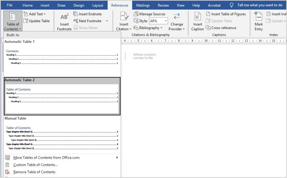 Microsoft Word References tab showing Table of Contents options and formatting tools for organizing and improving content formatting in a document.