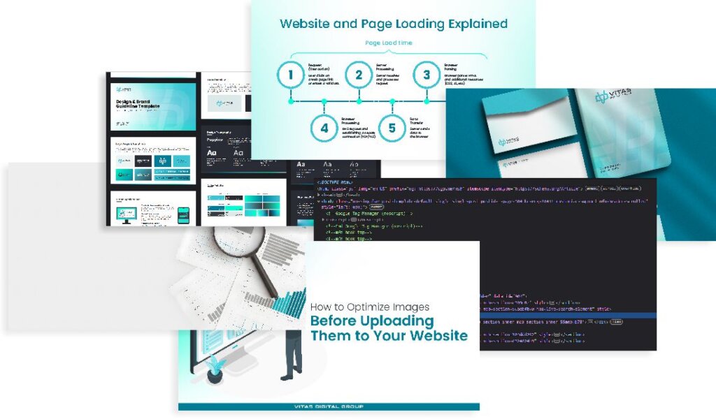 Website loading diagram with optimized images, code, and digital marketing assets.