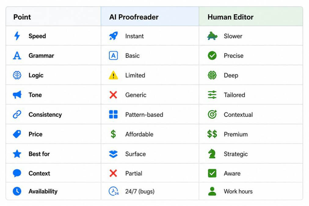 Comparison table between AI proofreader and human editor showing differences in speed, accuracy, tone, and context