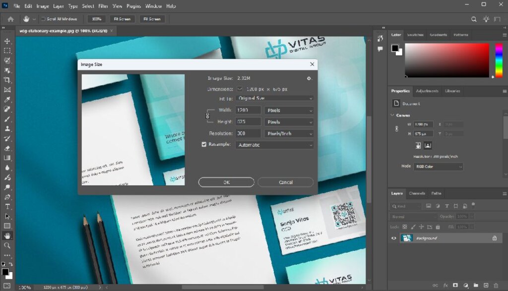 Image resizing settings in Photoshop used to prepare website graphics before upload.