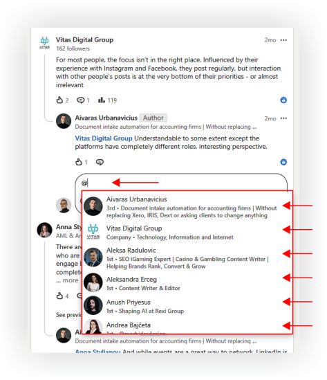Alt text: How to mention someone in LinkedIn comment replies using the @ symbol to tag profiles and continue conversations.