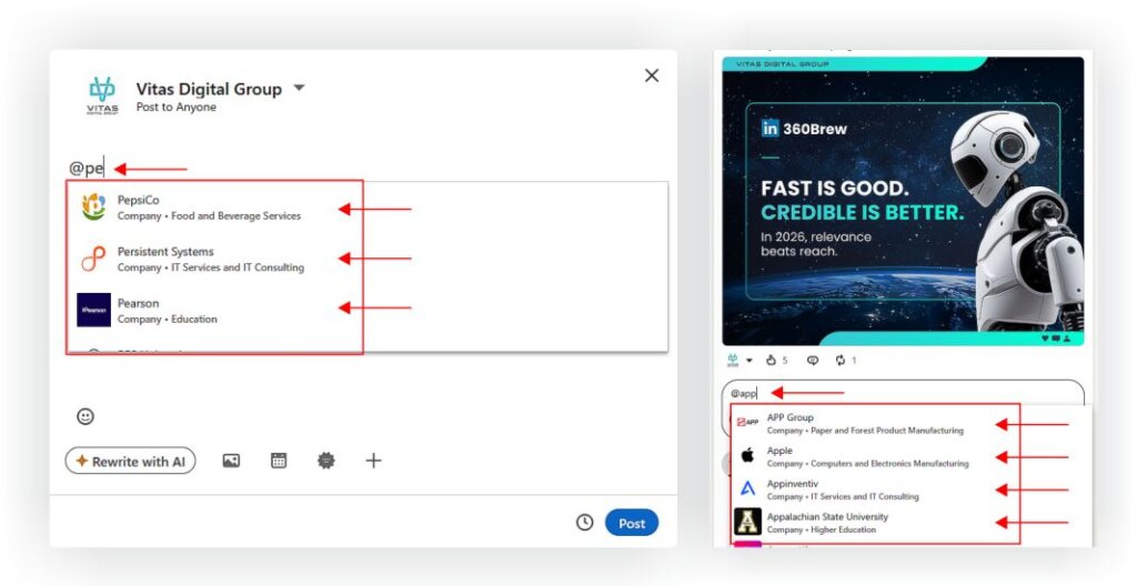 How to mention someone in LinkedIn post on desktop by tagging profiles and companies using the @ symbol in comments or posts.