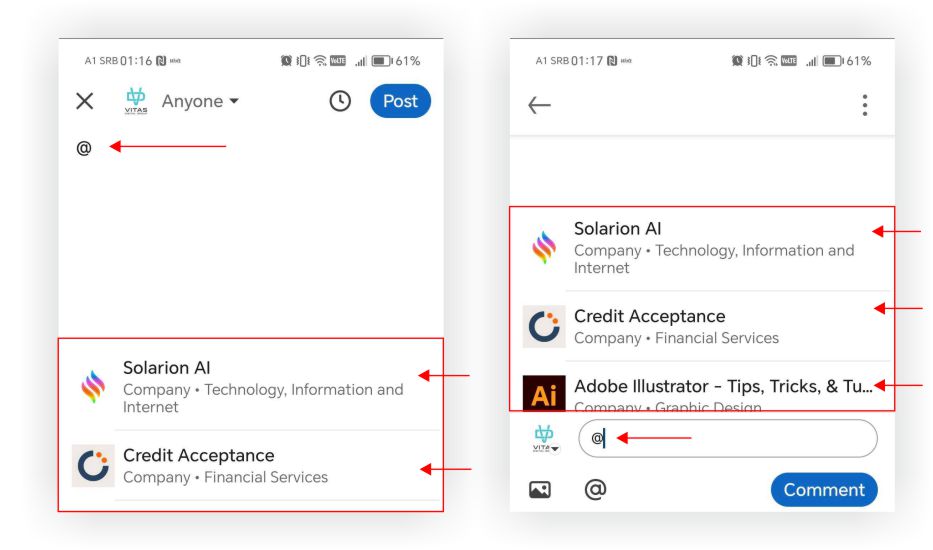 Alt text: How to mention someone in LinkedIn post on mobile app using @mentions in posts and comments.