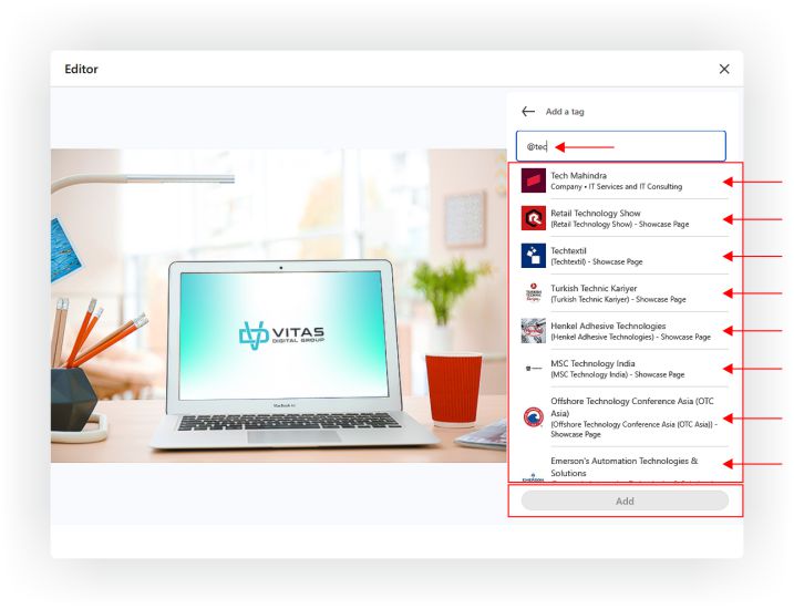 Alt text: How to mention someone in LinkedIn post photo captions by tagging people and companies in the text field.