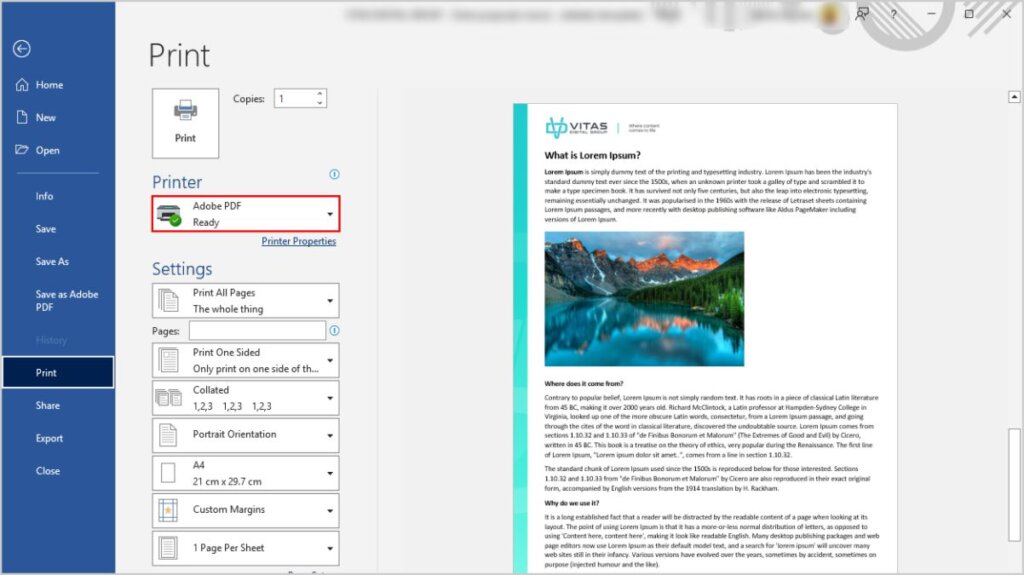 Alt text: Microsoft Word Print menu showing printer settings, page layout, and document formatting options used to prepare content formatting for printing or PDF export.