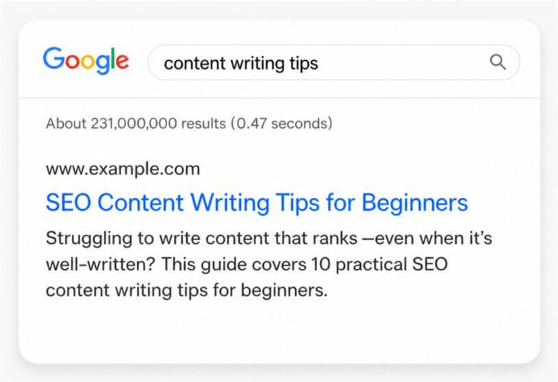 Google search result for "content writing tips" showing an SEO-optimized title and meta description example