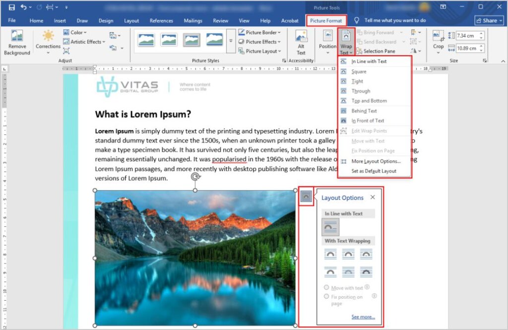 Alt text: Microsoft Word Picture Format tab displaying text wrapping and layout options used for content formatting and positioning images within a document.