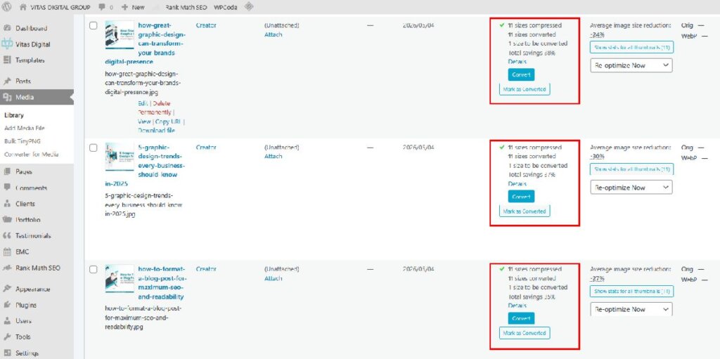 WordPress media library showing image compression results and file size reductions with TinyPNG.