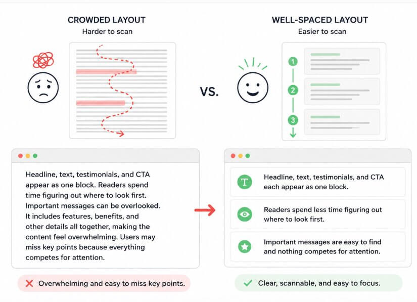 "Crowded vs well-spaced layout comparison for improved readability.